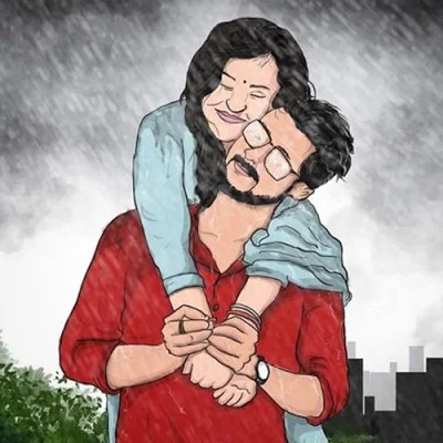 Rainy Day Couple Sketch Hug Love Dp