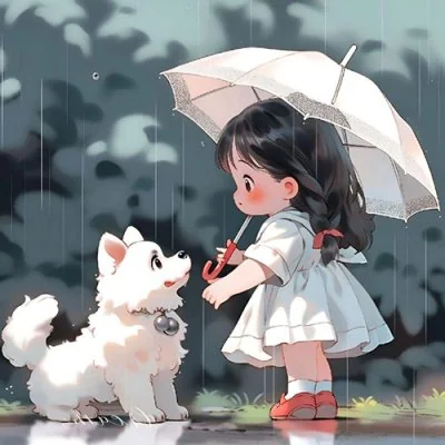 Girl Umbrella White Dog Cute Dp