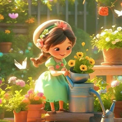Girl Watering Garden Flowers Cute Dp