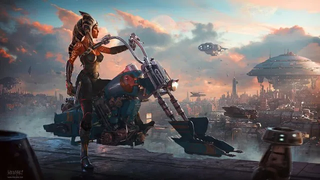 Ahsoka Riding Speeder Bike Anime Wallpaper