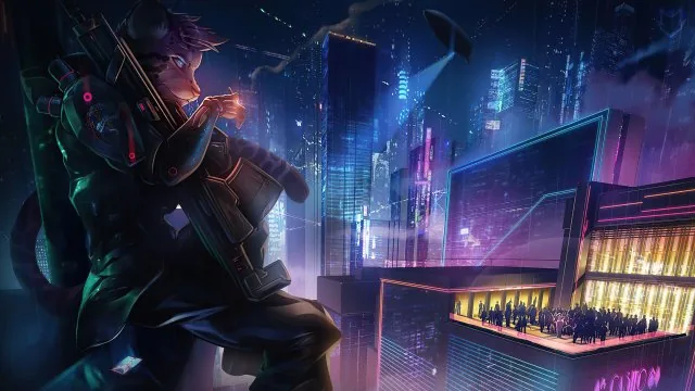 Cyberpunk Cat Rooftop Sniper Anime Wallpaper