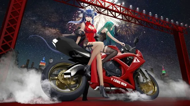 Fireworks Motorcycle Anime Duo Wallpaper