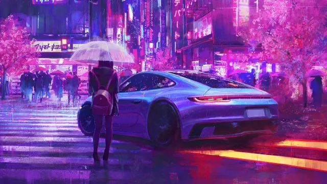 Neon Rain Sports Car Anime Wallpaper