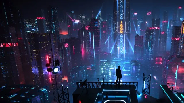 Neon Cyberpunk City Rooftop Gaming Wallpaper