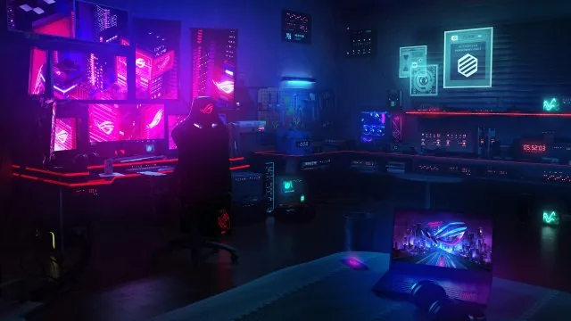 Neon Gaming Room Setup Wallpaper