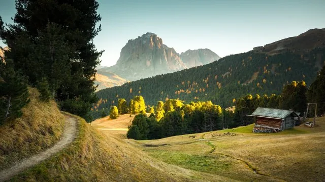 Alpine Meadow Wooden Hut Nature Wallpaper