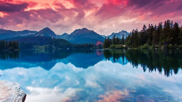 Crimson Sunset Alpine Lake Nature Wallpaper