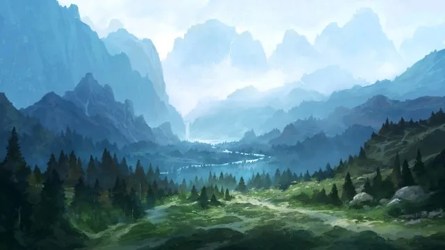 Misty Valley River Painting Nature Wallpaper