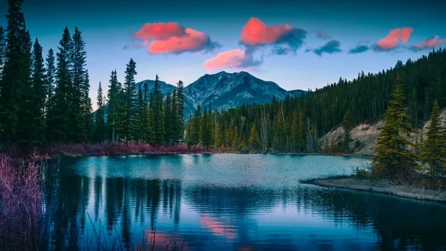 Pink Clouds Mountain Pond Nature Wallpaper