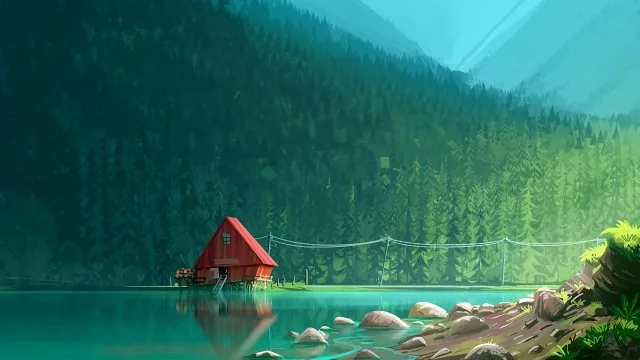 Red Cabin Forest Lake Nature Wallpaper