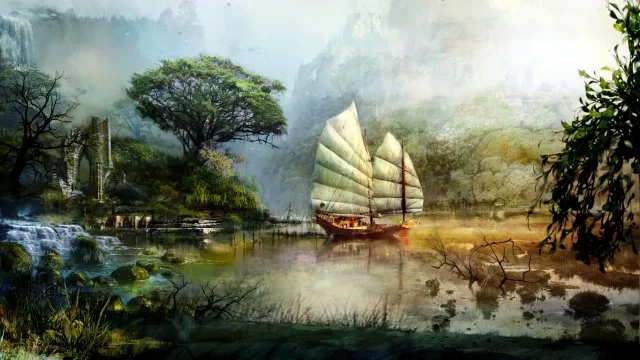 Sailing Junk Misty Lake Nature Wallpaper
