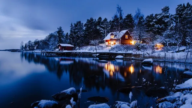 Snowy Lakeside Cottage Dusk Nature Wallpaper