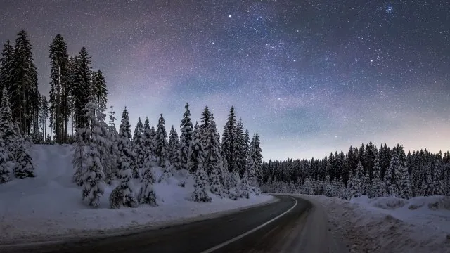 Starry Sky Winter Road Nature Wallpaper