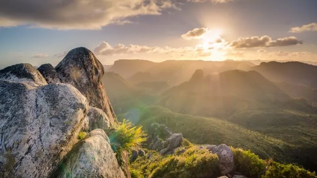 Sunburst Over Rocky Highlands Nature Wallpaper