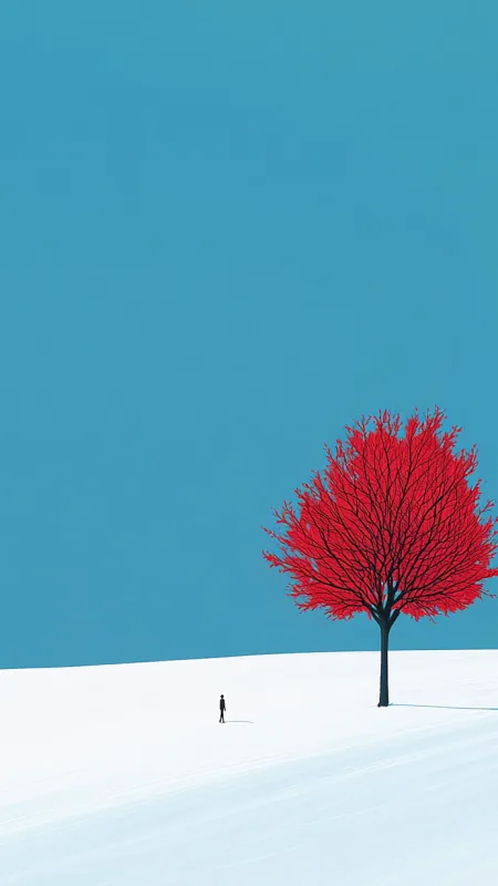 Aesthetic Minimalist Illustration Alone Red Tree Wallpaper