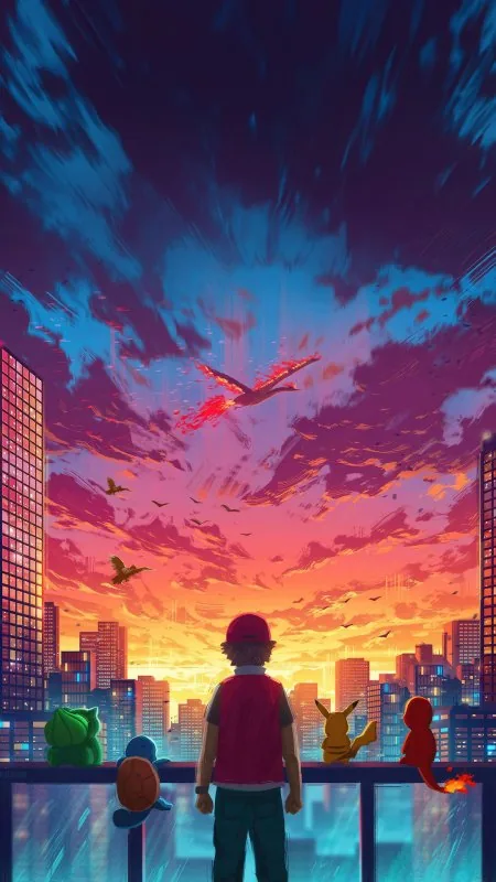 Ash Watching Pokemon Sunset Anime Wallpaper