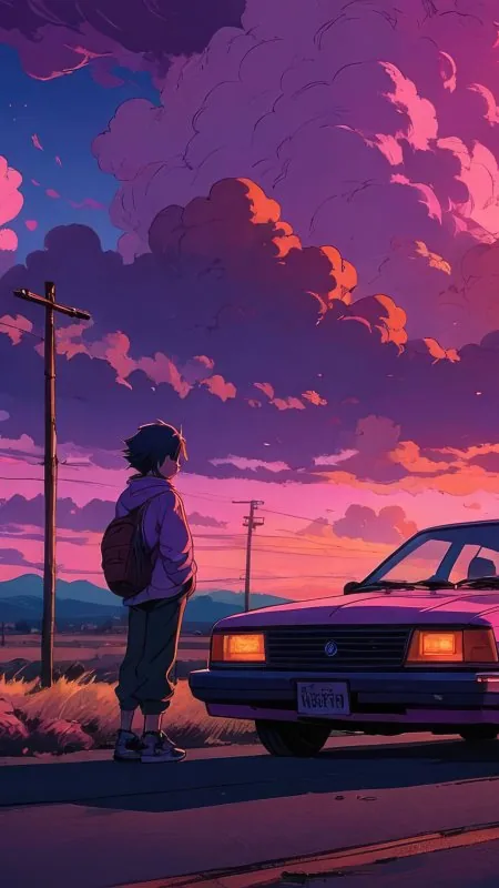 Anime Boy And His Car Phone Wallpaper