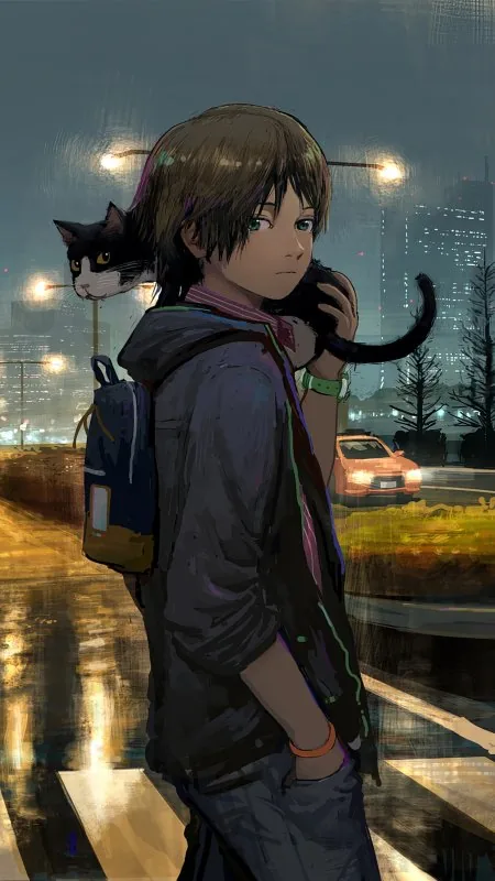 Anime Boy Cat Night City HD Wallpaper