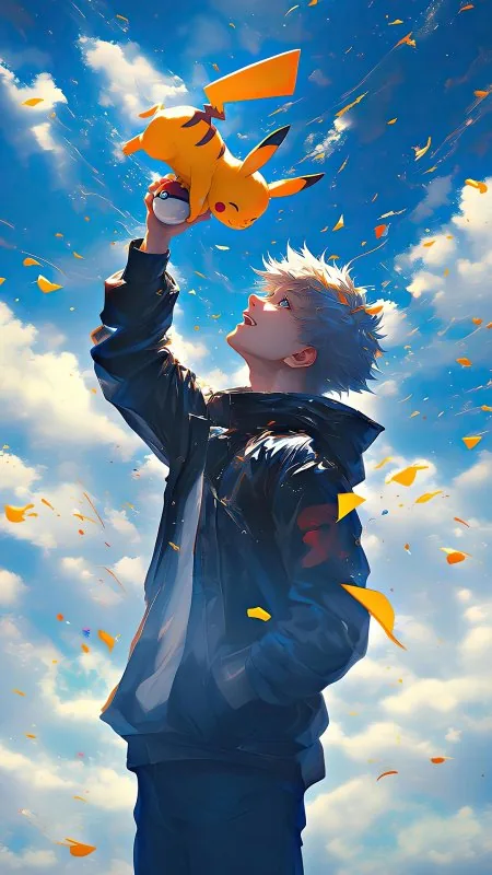 Boy Lifting Pikachu Skyward Anime Wallpaper