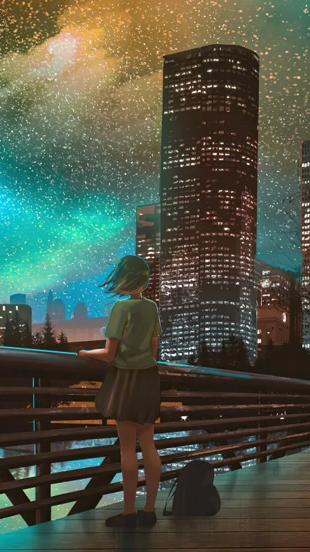 City Night Anime Girl Phone Wallpaper