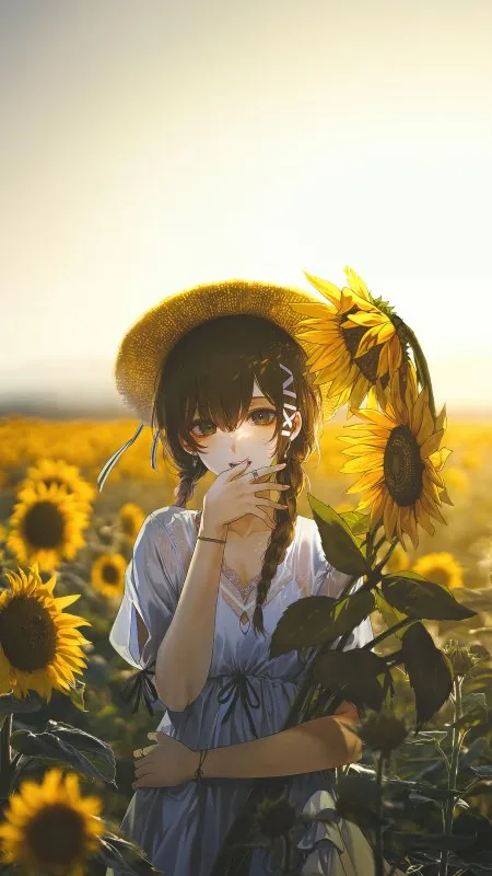 Anime Girl Among Sunflowers Phone Wallpaper