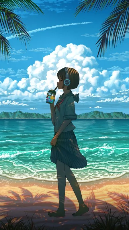 Girl Anime Art Beach Music Wallpaper