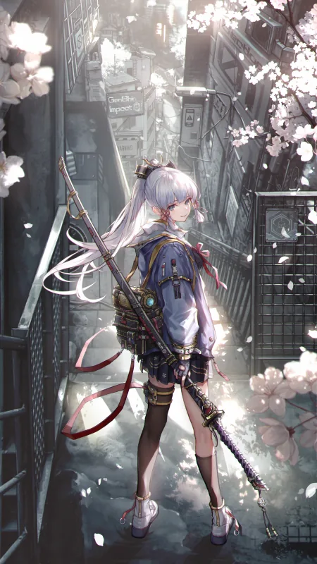 Girl Anime Art Katana Street Houses HD Wallpaper