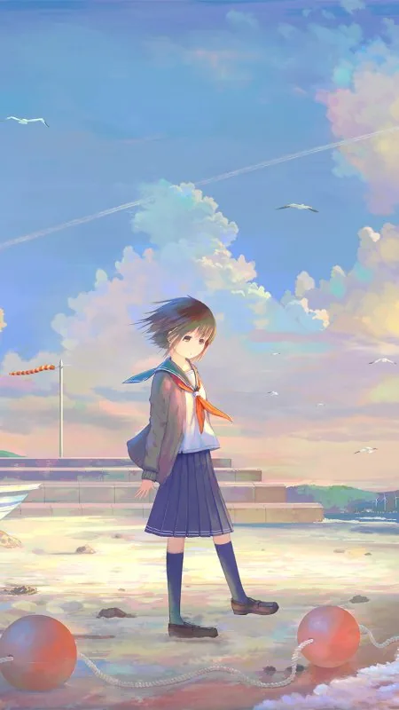 Anime Girl At The Seaside Phone Wallpaper