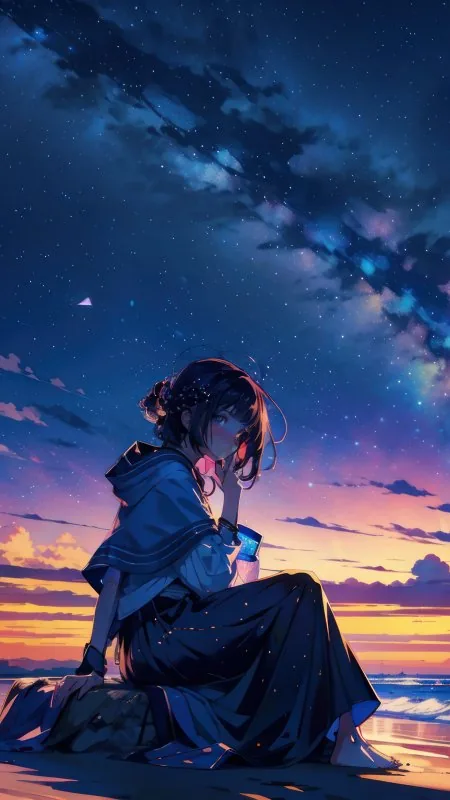 Anime Girl Beach Sunset Wallpaper