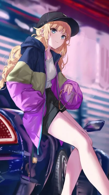 Anime Girl Blonde Sports Car Wallpaper