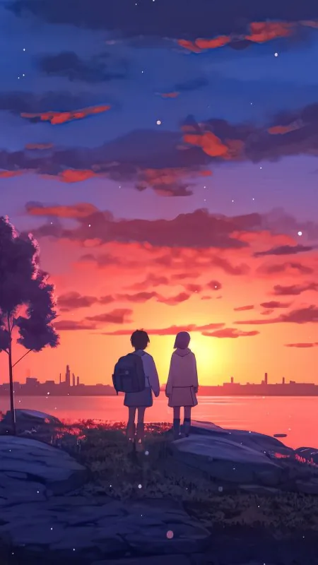 Anime Girl Boy Sunset Phone Wallpaper