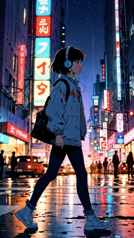 Anime Girl City Night Lights Wallpaper