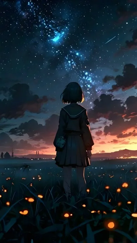 Girl Field Flowers Glow Sunset Anime Wallpaper
