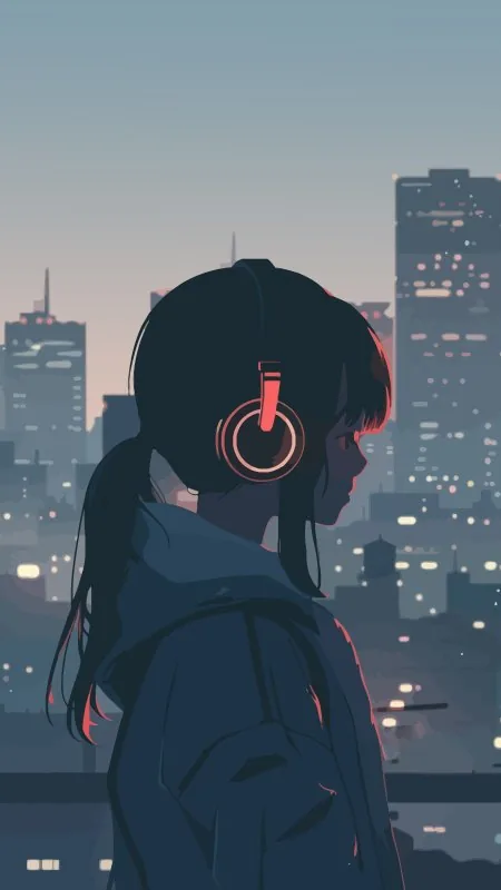 Girl Music Headphones City HD Anime Wallpaper
