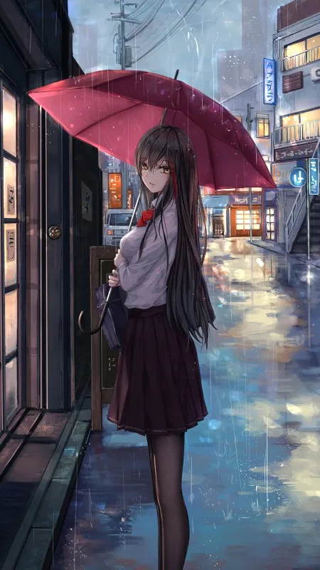 Anime Girl Rain Umbrella HD Wallpaper