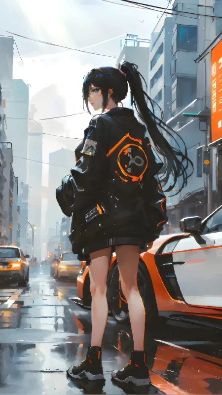 Anime Girl Sports Car Phone Wallpaper