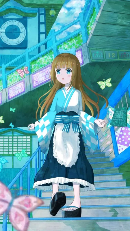 Girl Stairs Butterflies Anime Wallpaper