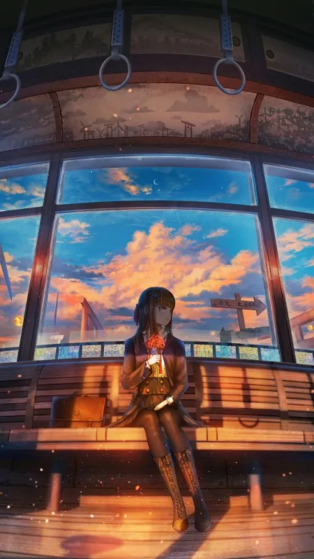 Anime Girl Sunset Train Ride Phone Wallpaper