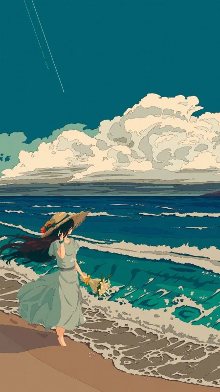 Anime Girl Walking On Beach HD Wallpaper