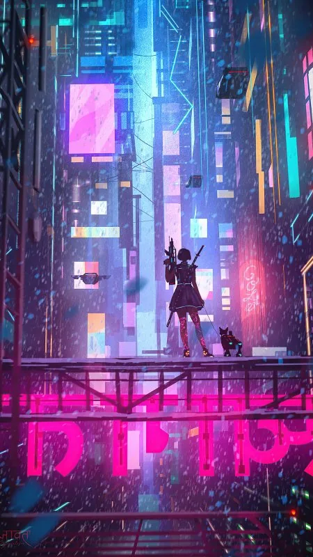 Anime Girl With Dog In Cyber City Wallpaper