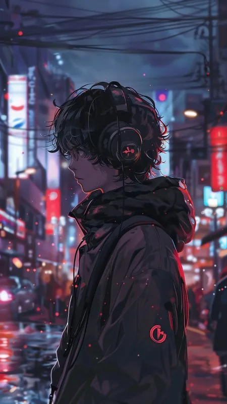 Anime Guy Headphones Jacket City Night Wallpaper