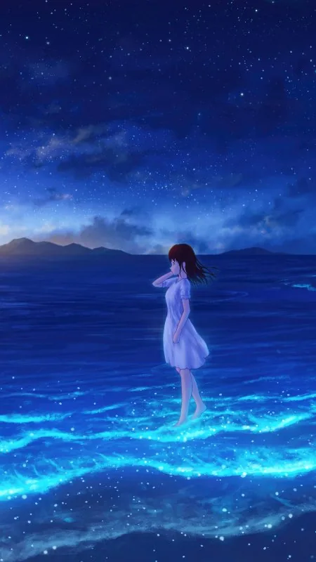 Night Sea Anime Girl Wallpaper
