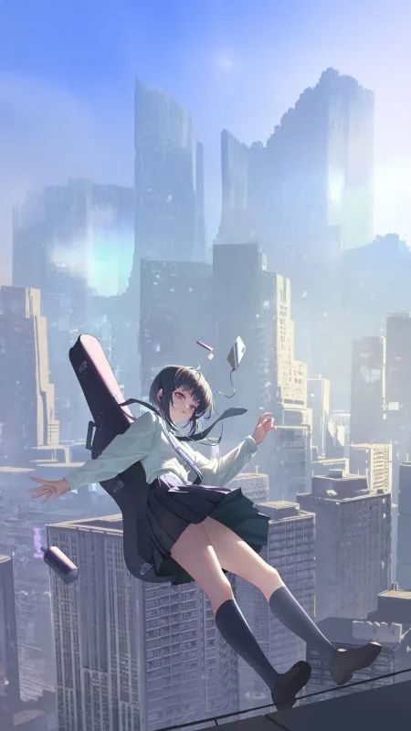 Anime School Girl With Guitar Phone Wallpaper