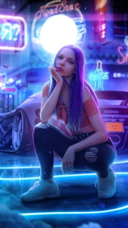 Stylish Cyber Girl With Cars Anime Wallpaper