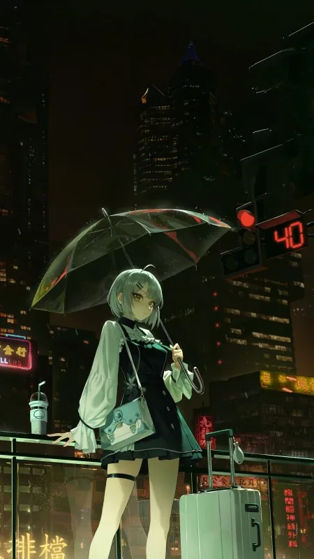 Umbrella Anime Girl In Cyber City Phone Wallpaper