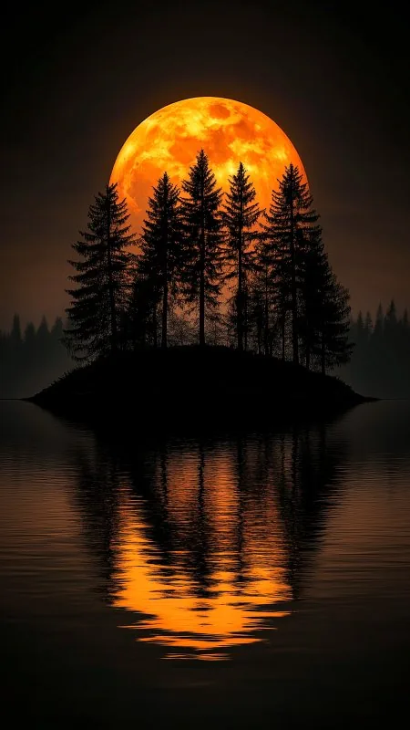 Black Trees Moon Night Island Lake Wallpaper