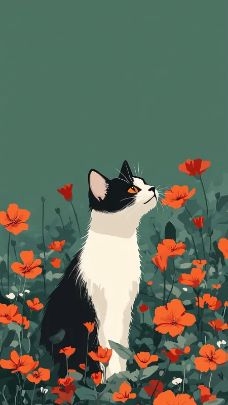 Cat Red Flowers Wallpaper