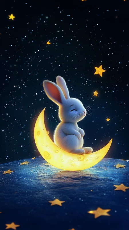 Cute 3D Rabbit Sitting Moon Phone Wallpaper