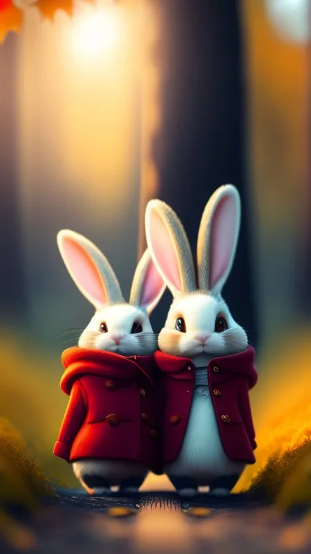 Autumn Bunnies In Red Cute Wallpaper