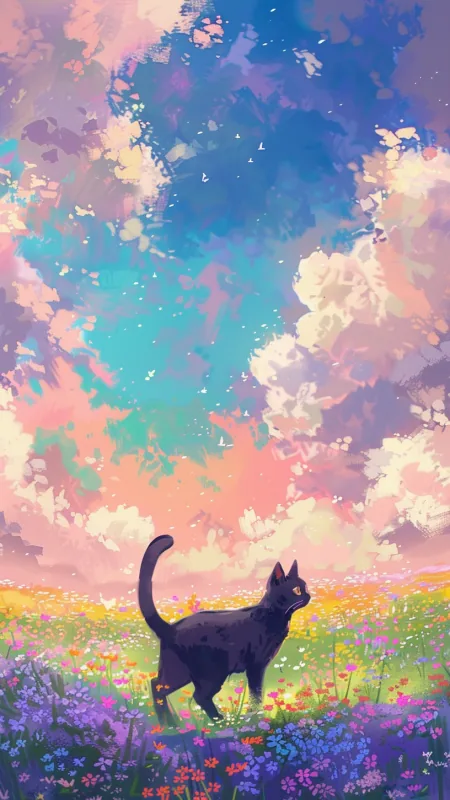 Black Cat Walks Art HD Cute Wallpaper